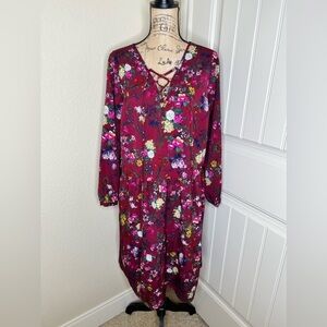 JustFab Floral Boho Burgundy Lace Up Front Long Sleeve Babydoll Dress Size 1X